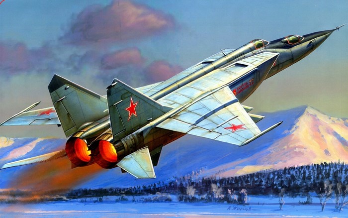 Painting of a Soviet MiG-25 Foxbat fighter jet in flight