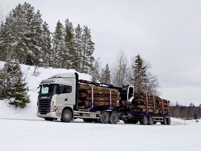 Scania log truck in snowy forest