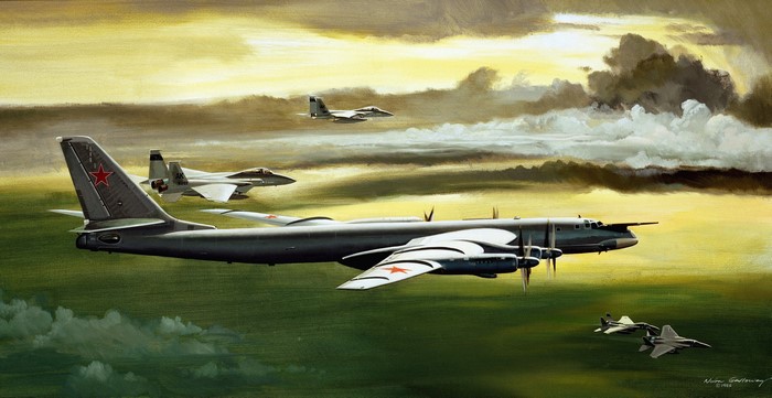 Tu-95 Bomber Intercepted by F-15 Eagles