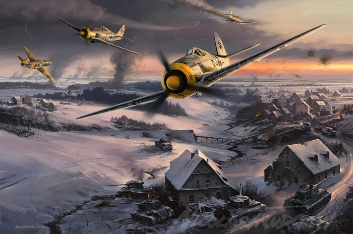 Focke-Wulf Fw 190 airplanes in a winter battle