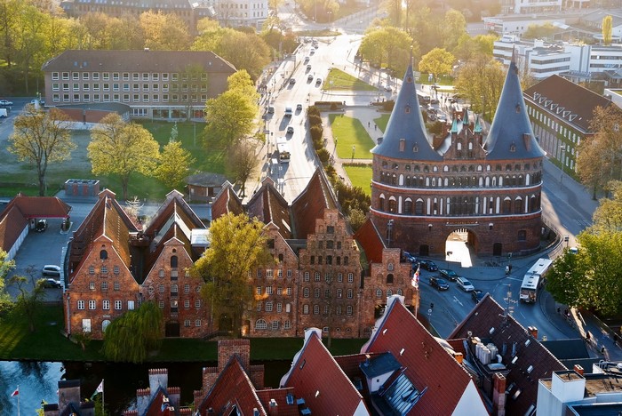 Holsten Gate and historic buildings in Luebeck, Germany