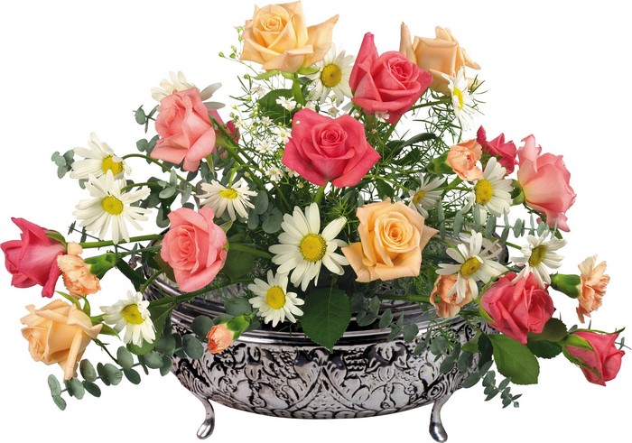 Bouquet of Roses and Daisies in a Silver Vase