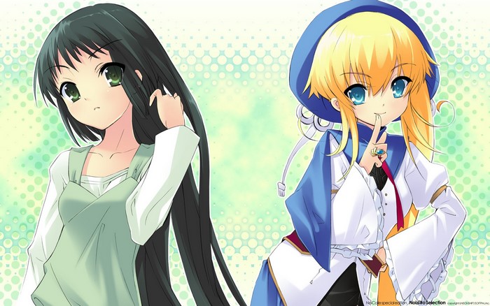 Two anime girls, one with black hair and one with blonde hair