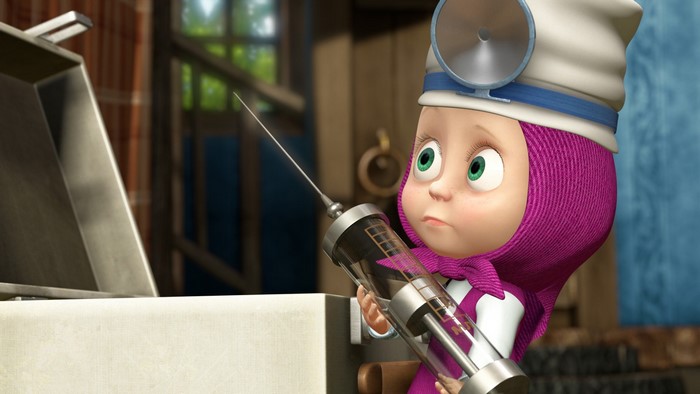 Masha from Masha and the Bear with a syringe