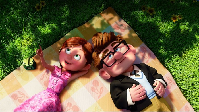 Carl and Ellie from Up lying on a picnic blanket