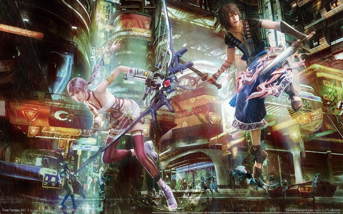 Lightning and Snow from Final Fantasy XIII in a city