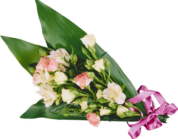 Bouquet of Roses and Alstroemeria with Green Leaves and Ribbon