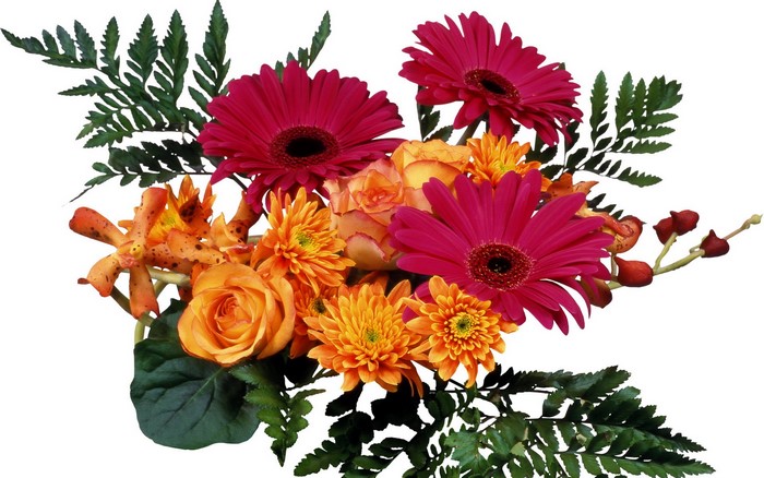 Orange and pink flower bouquet with ferns