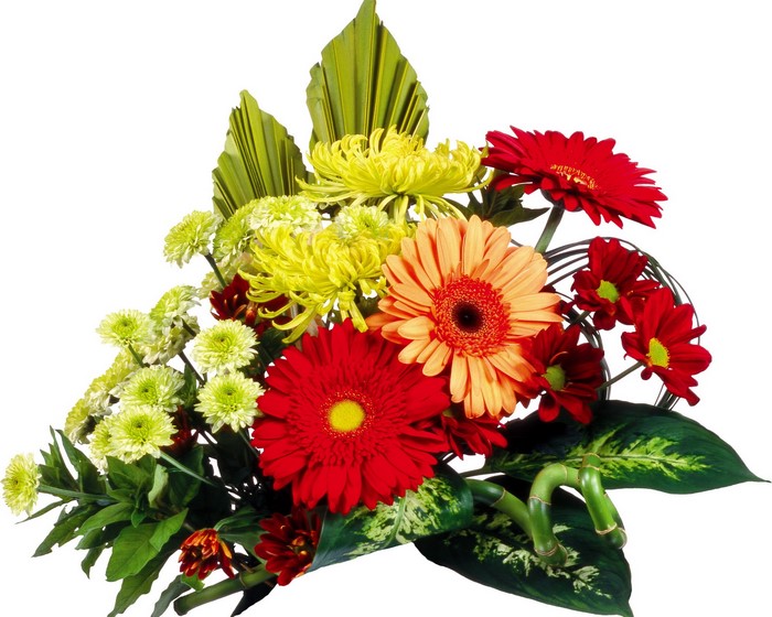Colorful flower bouquet with green leaves and bamboo