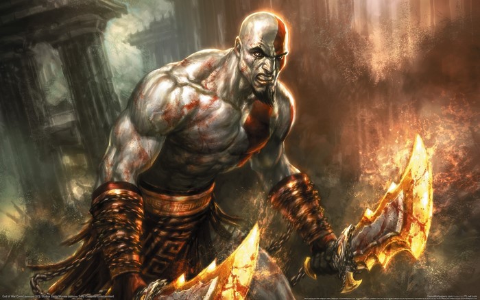 Kratos from God of War holding Blades of Chaos
