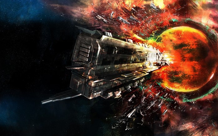 Spaceship approaching a fiery planet