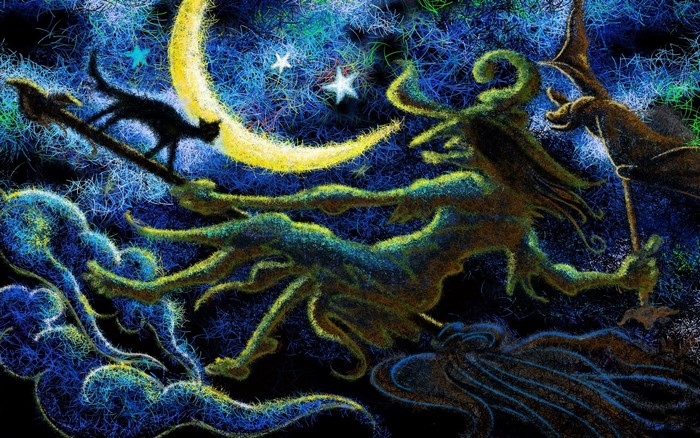 Witch flying on a broomstick with a black cat