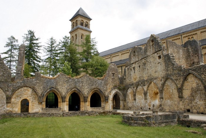 Ruins of a stone monastery with a bell tower