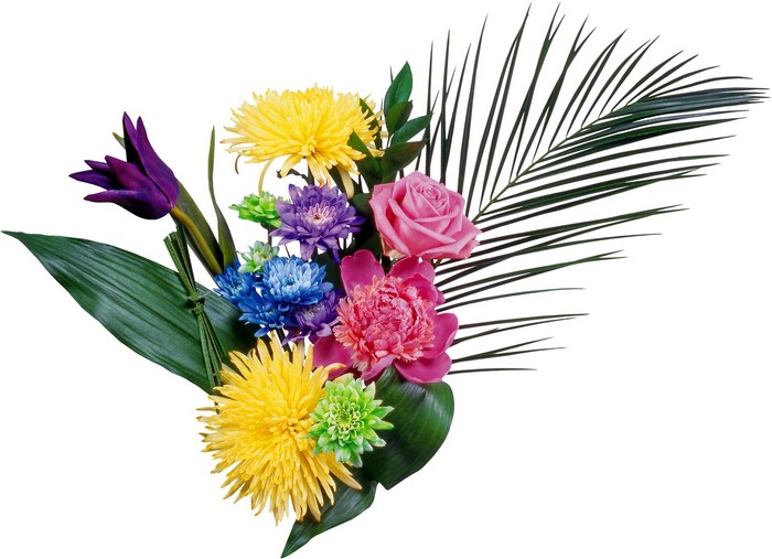 Colorful floral arrangement with palm frond