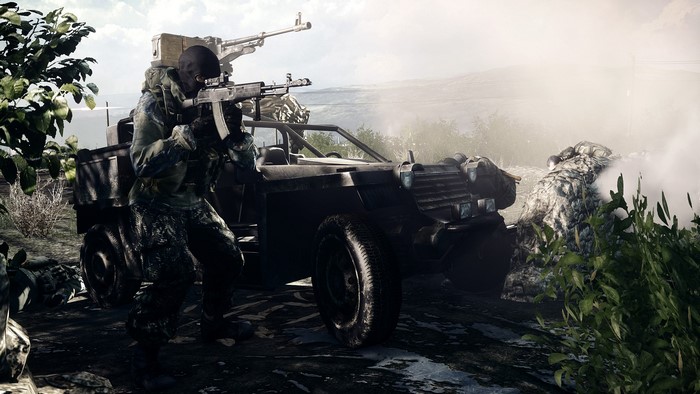 Soldier with assault rifle and vehicle in Battlefield