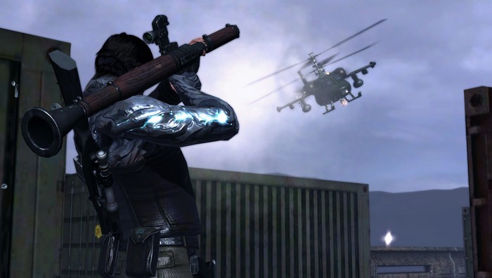 Soldier aiming rocket launcher at helicopter in Dark Sector