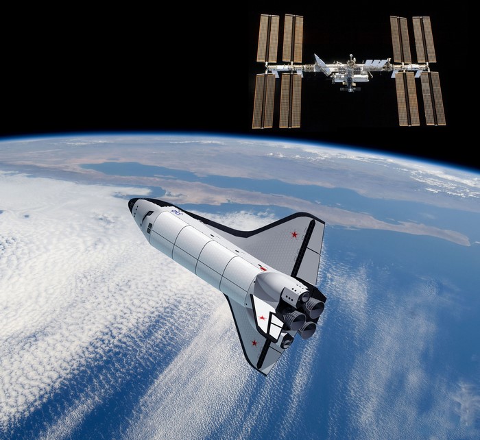 Buran space shuttle near International Space Station