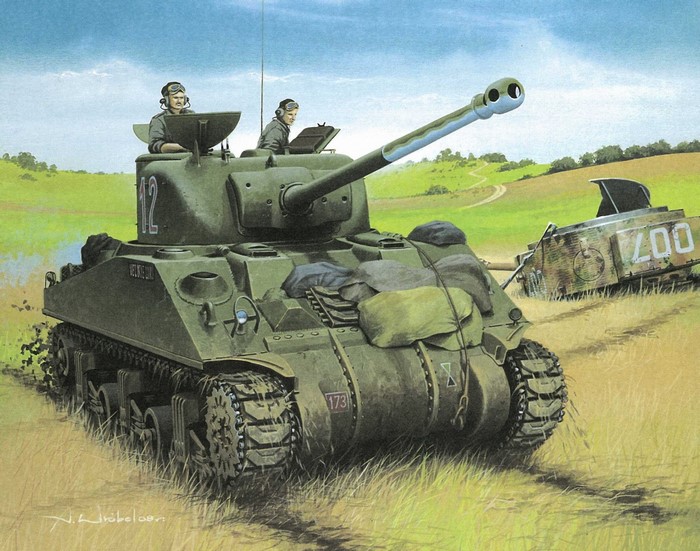 Sherman tank with crew in a field