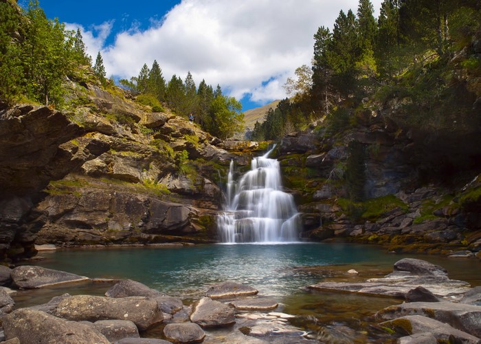 Waterfall cascading into a turquoise pool surrounded by rocks and trees