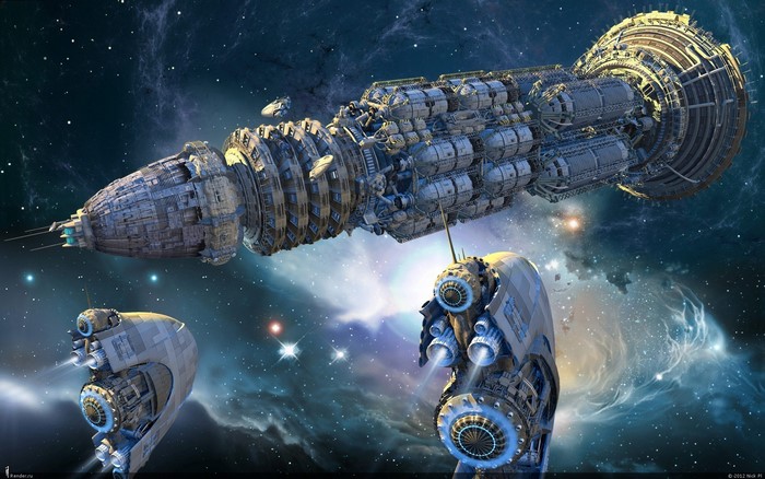 Massive starship and smaller ships in space