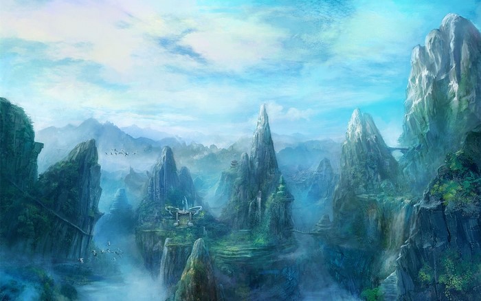 Fantasy landscape with floating islands and mountains
