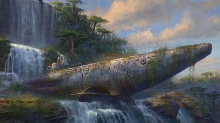 Abandoned submarine in a jungle waterfall
