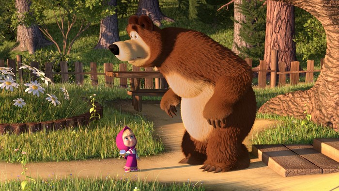 Masha and the Bear in a forest clearing