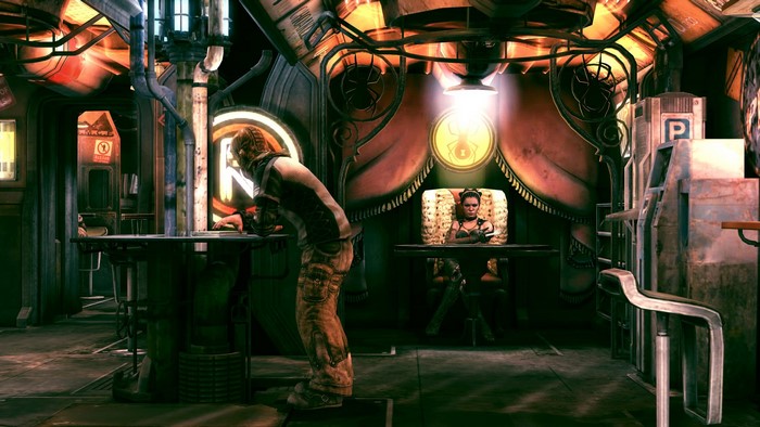 Man leaning on bar in a futuristic bar