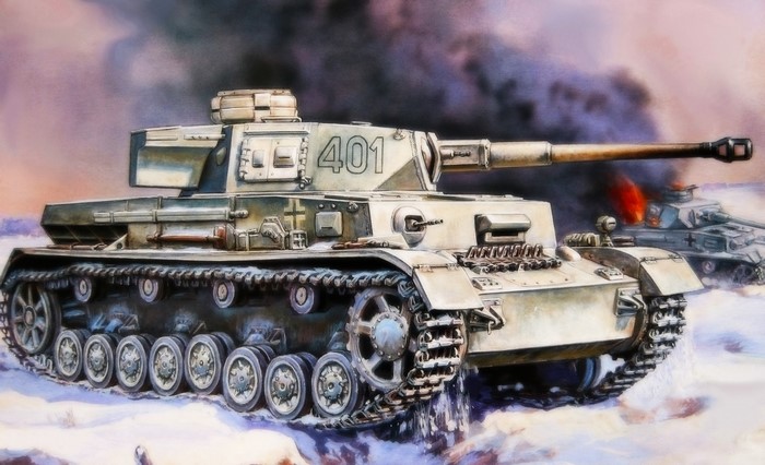 Painting of German Panzer IV tank in battle