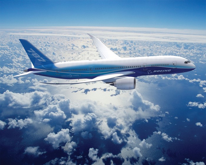 Boeing 787 Dreamliner airplane flying above clouds