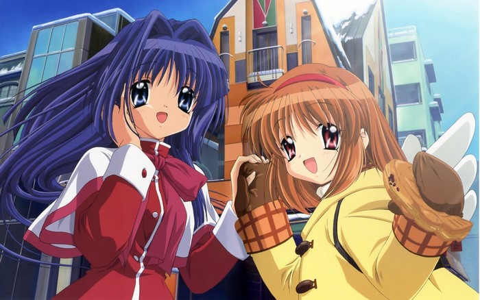 Two girls from Kanon in winter clothes