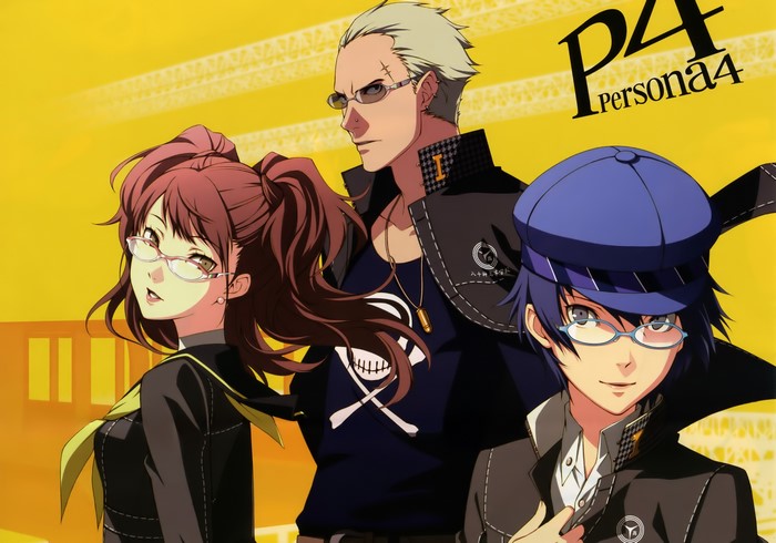 Persona 4 characters Rise, Kanji, and Naoto on yellow background
