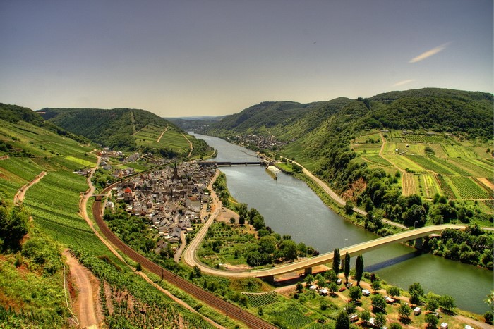 River valley with vineyards and town in Germany