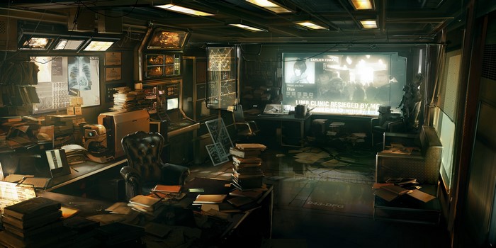 Deus Ex: Human Revolution cluttered office with screens