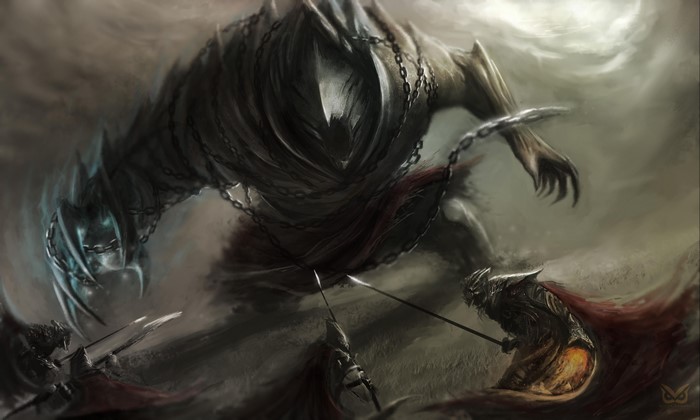 Giant armored creature fighting warriors
