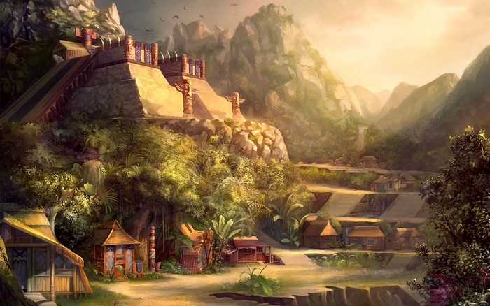 Ancient temple complex in a mountainous jungle