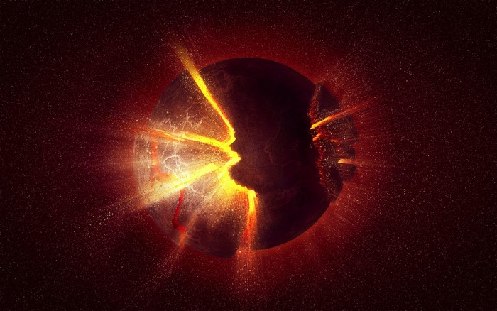 Planet exploding with lava and debris