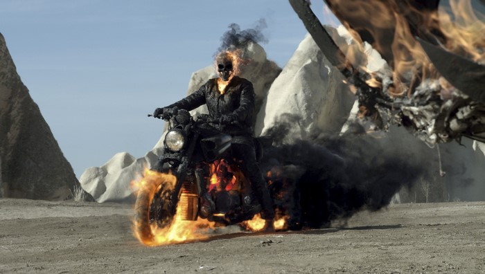 Ghost Rider on a burning motorcycle