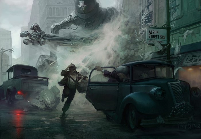 Giant Robot Attacks City Street with People Fleeing