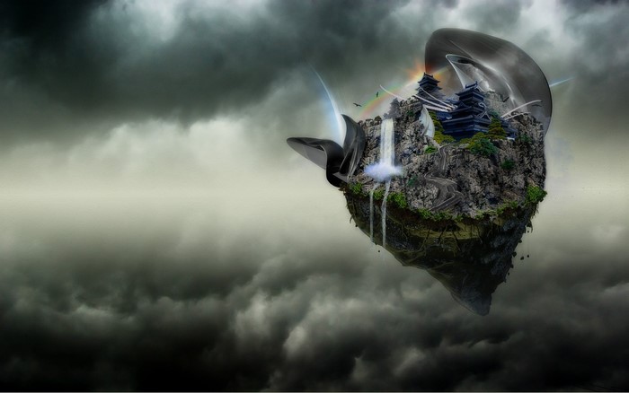 Floating island with Japanese castles and waterfalls
