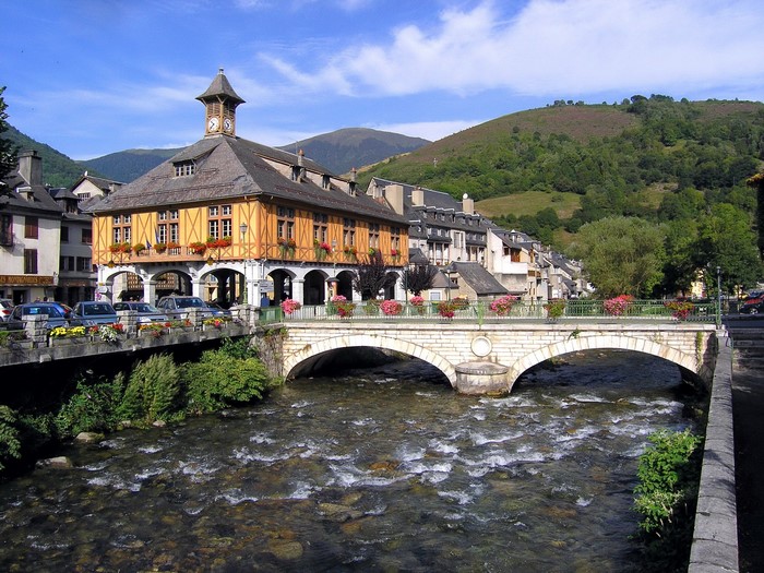 Town hall with clock tower over river and bridge in France
