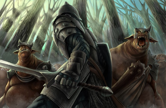 Soldier fighting goblins in a forest