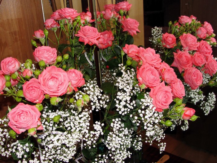 Bouquet of pink roses and baby's breath