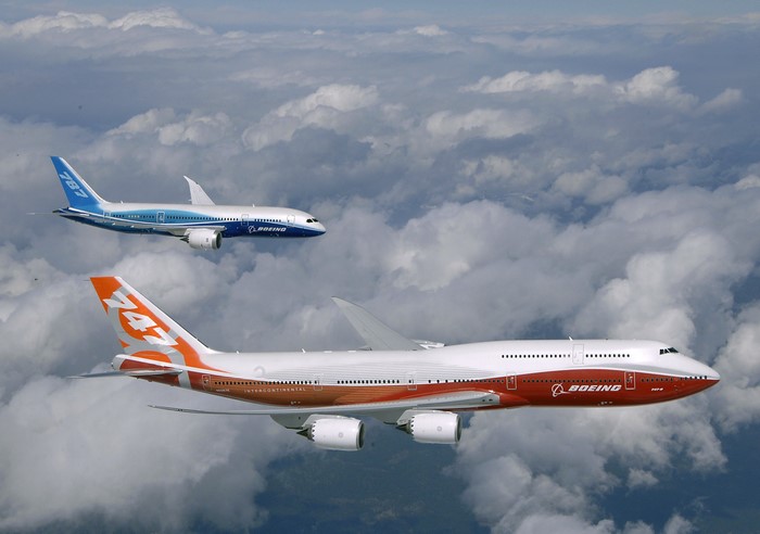 Boeing 747 and Boeing 787 Airplanes Flying