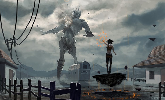 Giant stone golem confronts a woman with magic