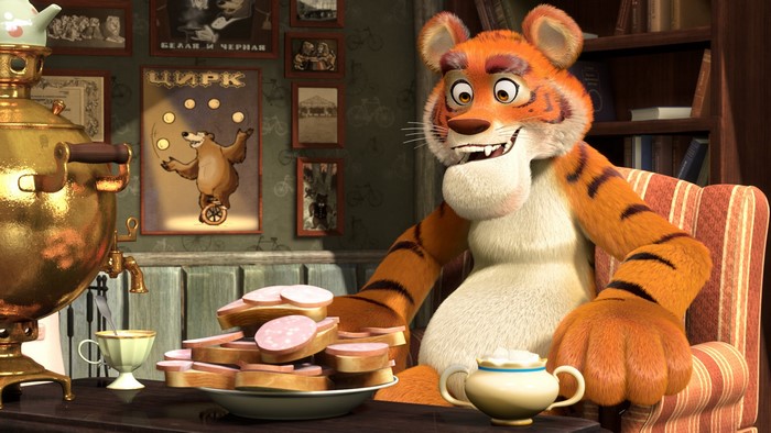 Tiger from Masha and the Bear sitting in a chair with food