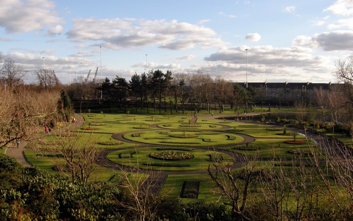 Formal gardens with circular flower beds and pathways