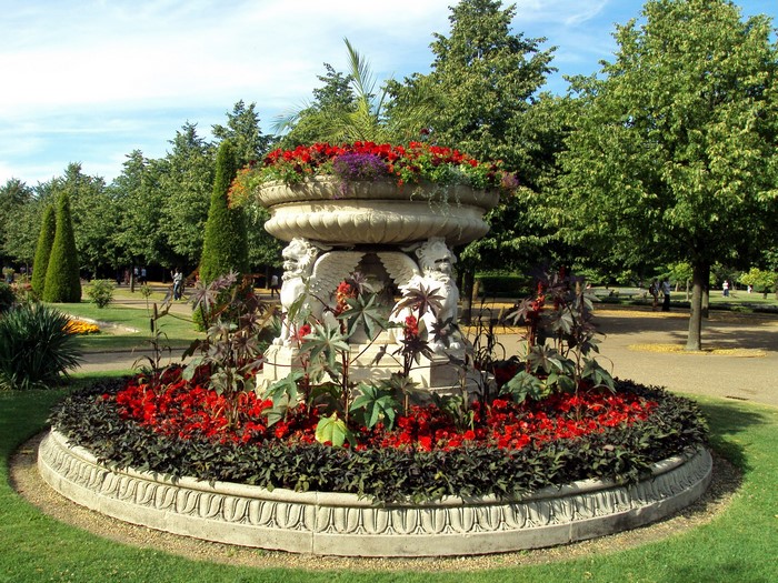 Regent's Park flower display with trees and people