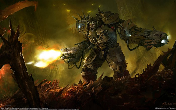 Monster firing weapon in a dark, alien landscape