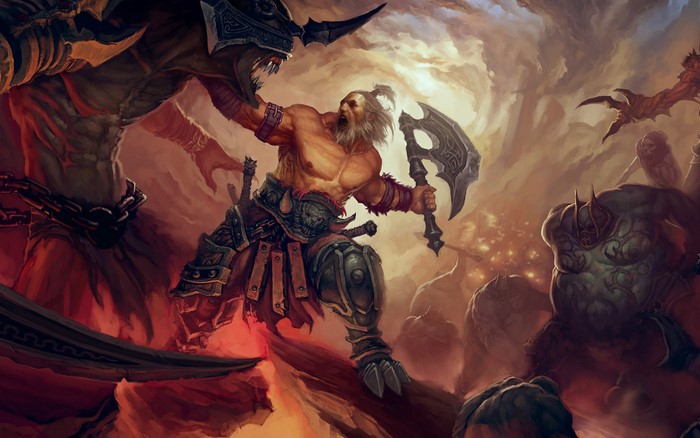 Barbarian fighting demons in a fiery landscape